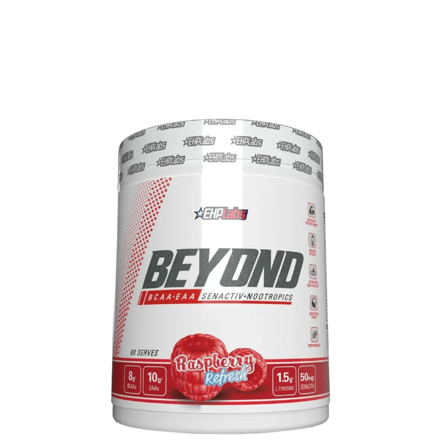 A container of Beyond BCAA+EAA Intra-Workout supplement in Raspberry Refuel flavor.