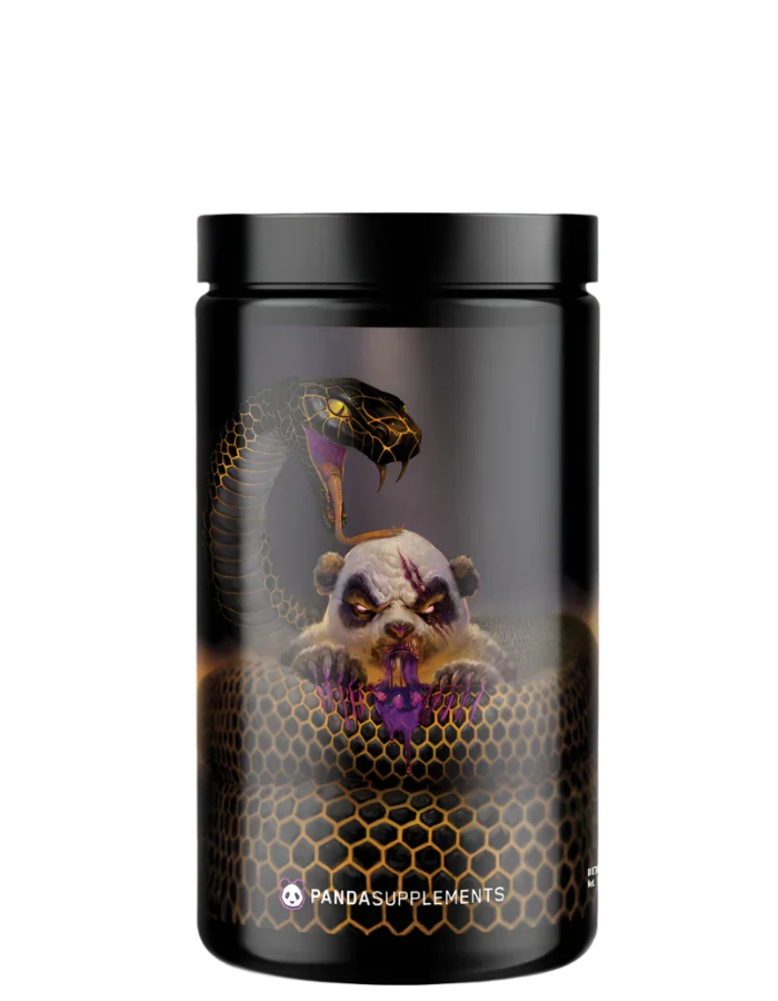 A container of PANDAMIC Limited Edition Pre Workout supplement with a design featuring a snake and a panda on it, indicating a Black Snake Edition.