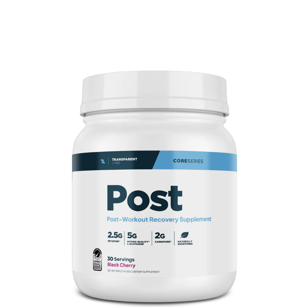 A container of Transparent Labs Post-workout recovery supplement, with labels indicating the product is for muscle building and recovery, with 30 servings and flavors such as Black Cherry and Watermelon.