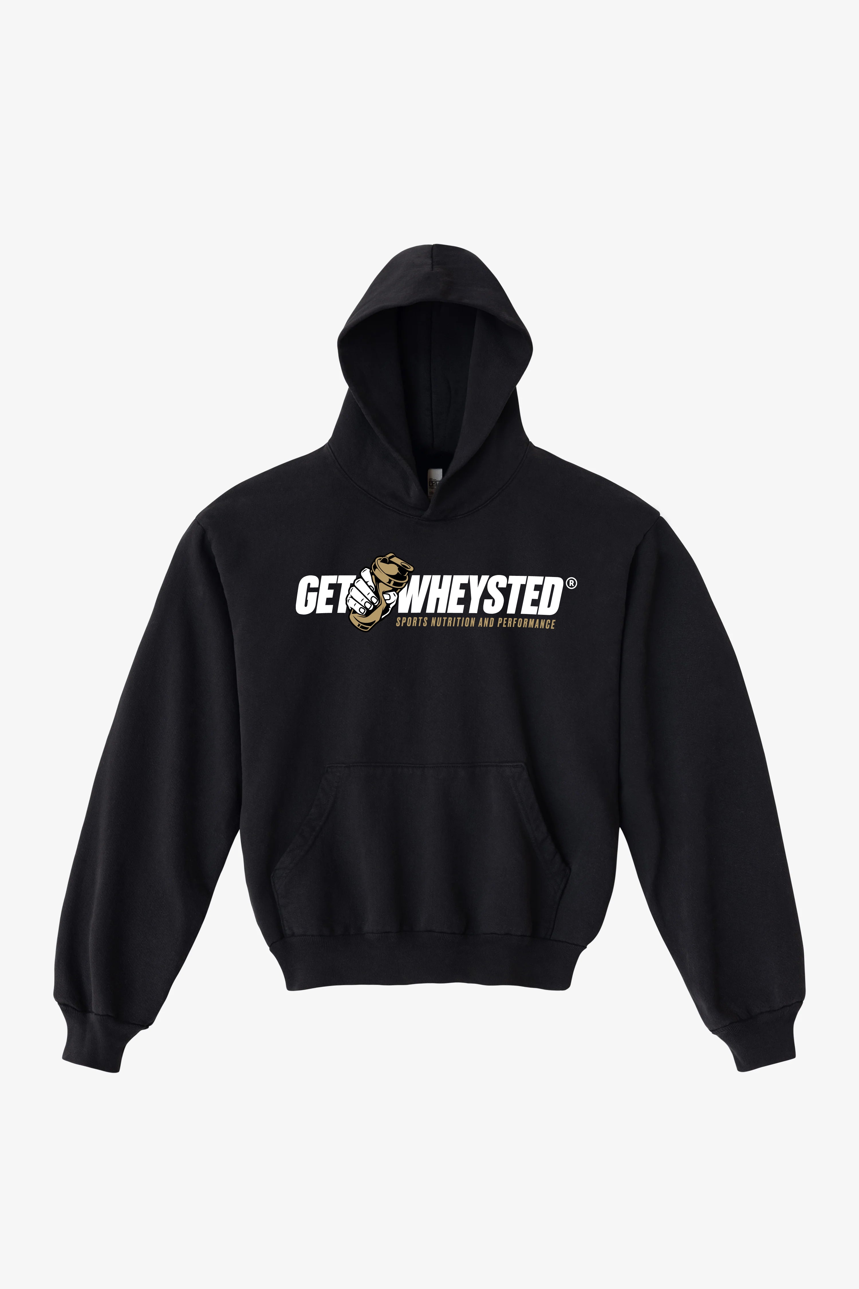 A black fleece hoodie with 'GET WHEYSTED' text on the front.