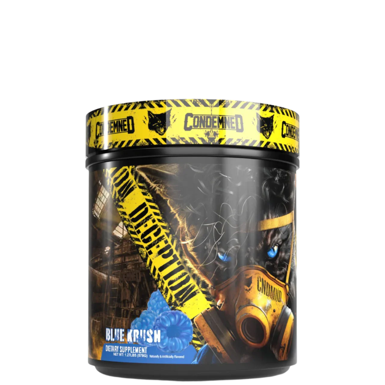 A container of Deception pre-workout supplement by Condemned Labz, featuring a black and yellow design with text and graphics related to the brand and product.