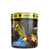 A container of Deception pre-workout supplement by Condemned Labz, featuring a black and yellow design with text and graphics related to the brand and product.