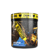 A container of Deception pre-workout supplement by Condemned Labz, featuring a black and yellow design with text and graphics related to the brand and product.