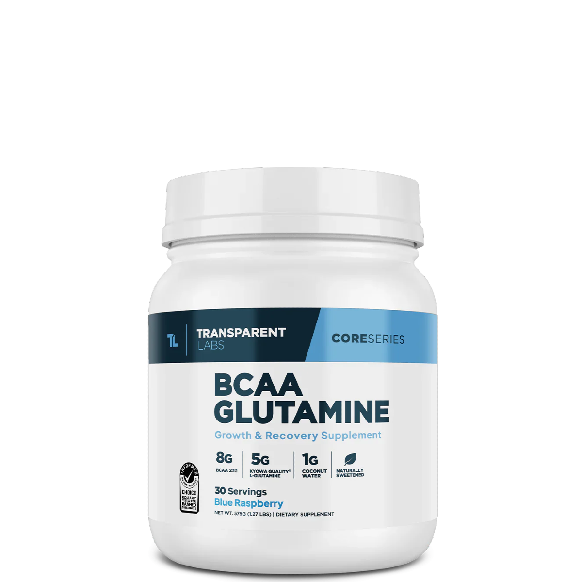 A container of Transparent Labs BCAA Glutamine supplement powder with a blue and white label indicating the product name and its benefits for muscle recovery.