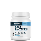 A container of Transparent Labs BCAA Glutamine supplement powder with a blue and white label indicating the product name and its benefits for muscle recovery.
