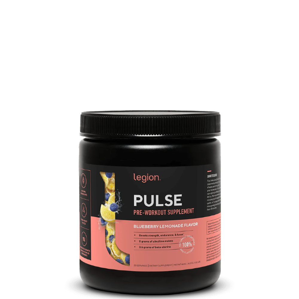 A container of Pulse Pre-Workout Supplement with blueberry lemonade flavor by Legion Athletics.
