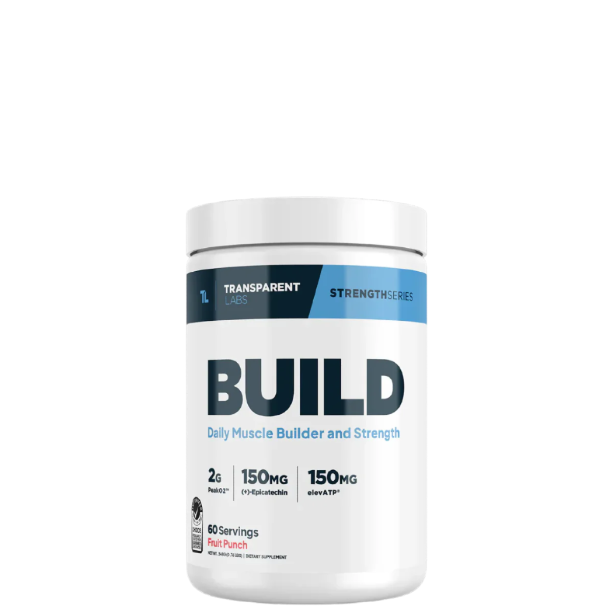 A container of Transparent Labs Muscle Builder, a white supplement powder, with blue and black labeling.