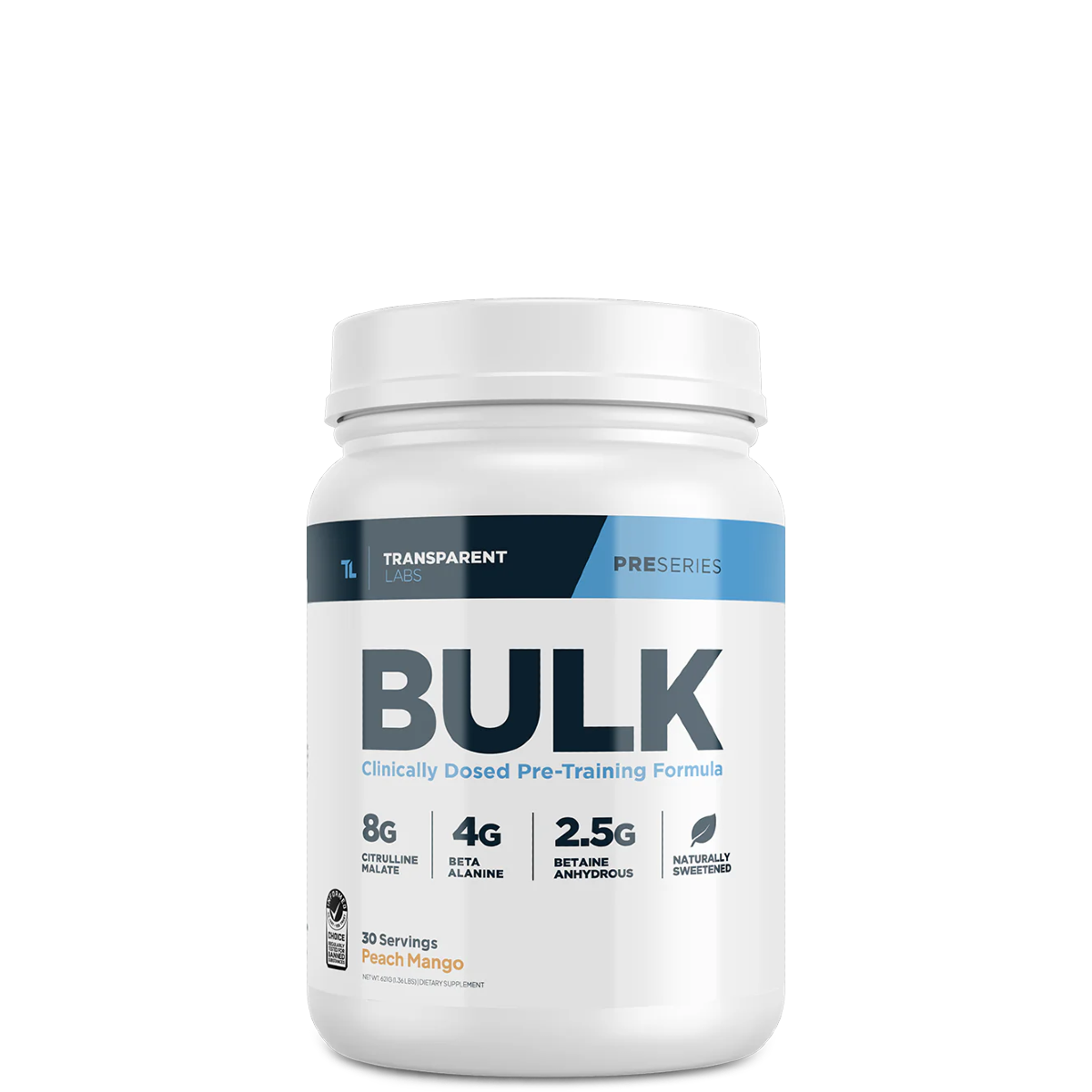 A container of Transparent Labs Bulk Pre-Workout supplement, which is a white jar with blue and silver labeling.