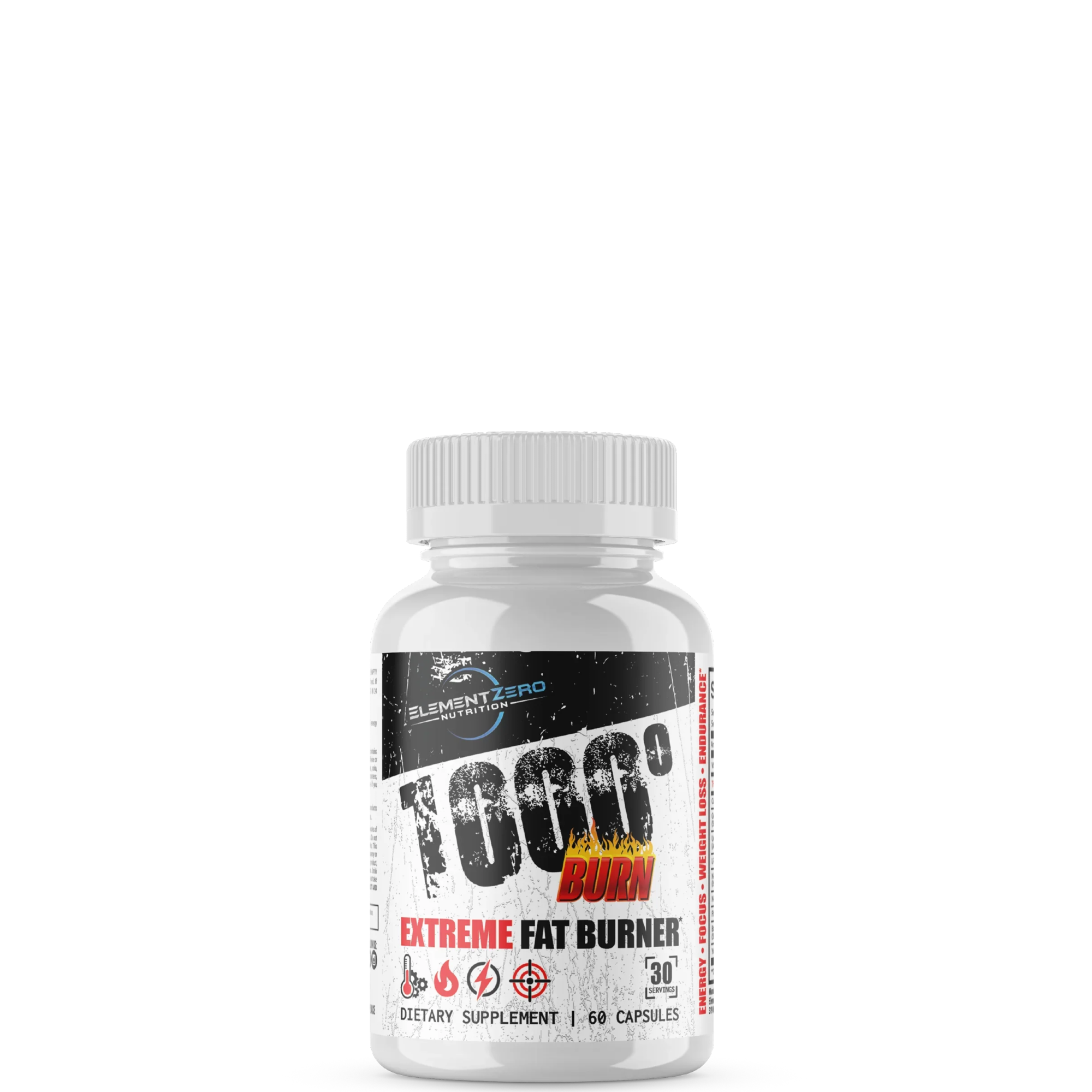 A bottle of Element Zero 1000*Burn, an extreme fat burner dietary supplement with 100 capsules inside.