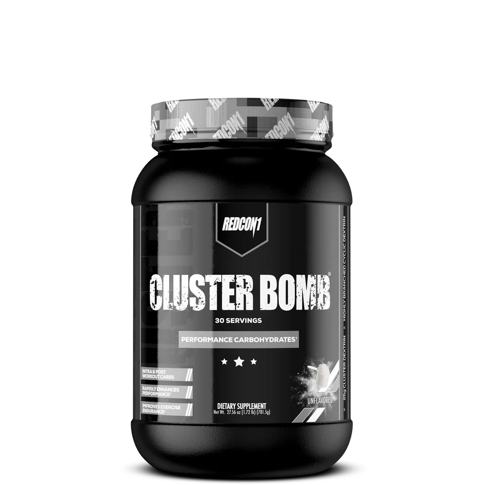 A container of REDCON1 Cluster Bomb carb supplement, which is a performance carbohydrate powder.