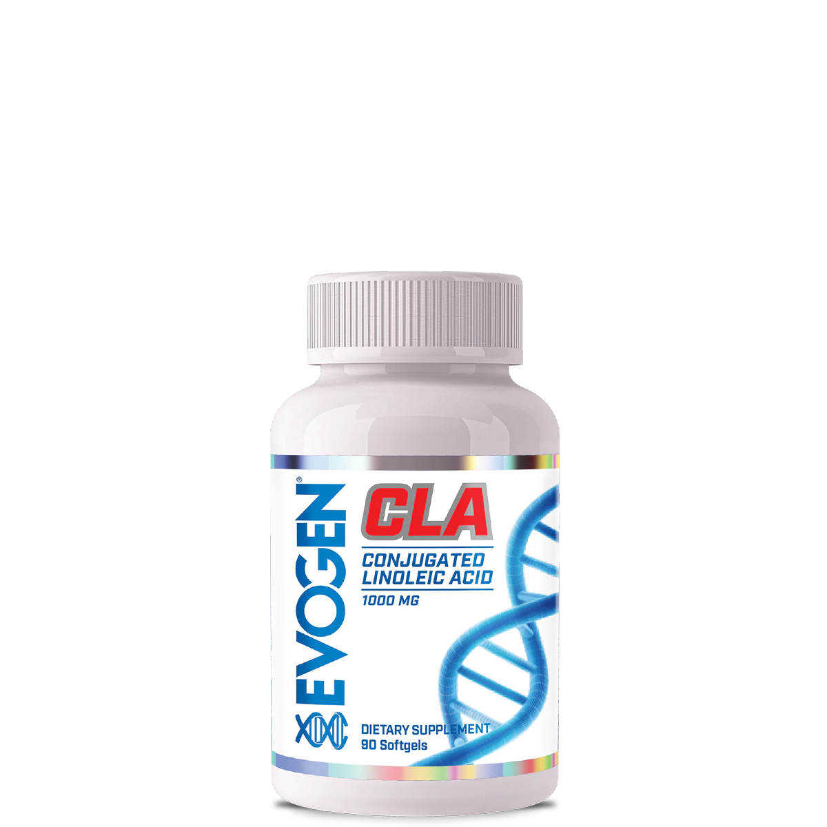 A bottle of Evogen Nutrition CLA Conjugated Linoleic Acid supplement with a white and blue label, indicating a dietary support for weight management.