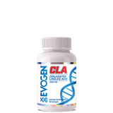 A bottle of Evogen Nutrition CLA Conjugated Linoleic Acid supplement with a white and blue label, indicating a dietary support for weight management.