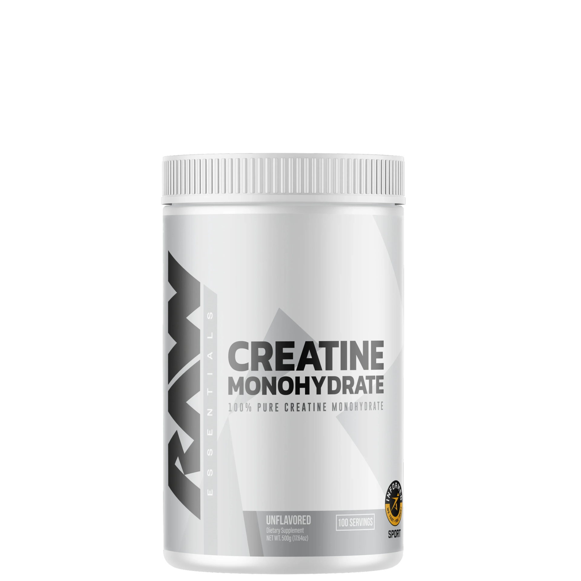 A container of Raw Nutrition Creatine Monohydrate, white and silver in color, with text detailing the product name and brand.