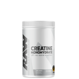 A container of Raw Nutrition Creatine Monohydrate, white and silver in color, with text detailing the product name and brand.