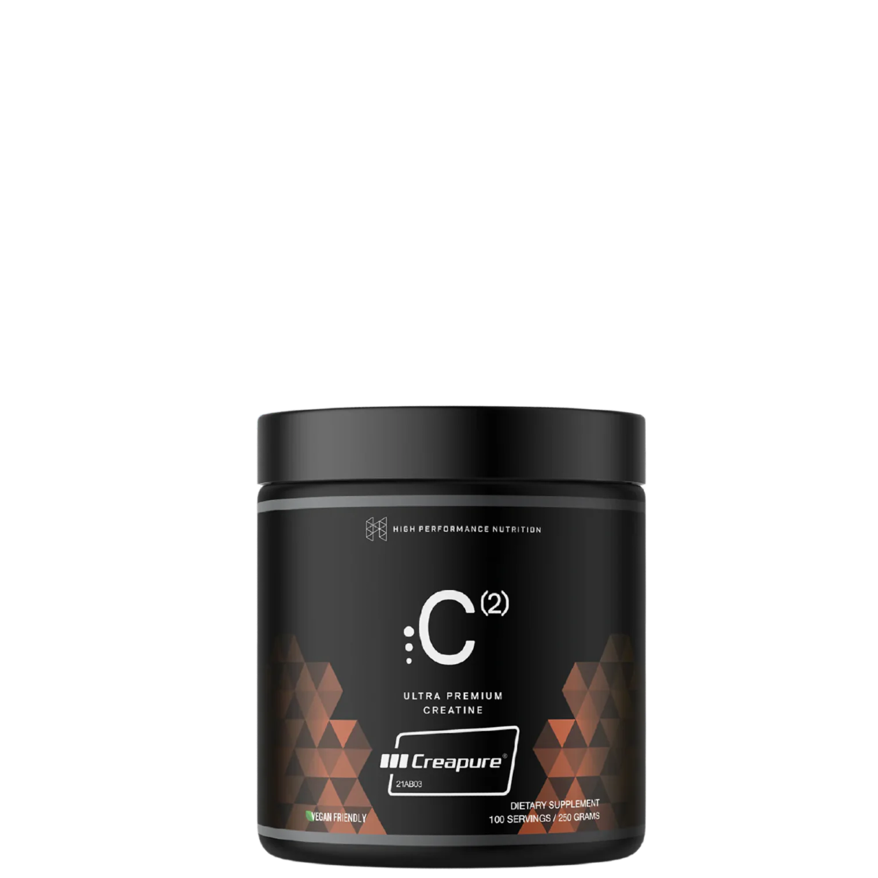 A container of C(2) Ultrapure Premium Creatine by Creapure, with a black and bronze design, indicating it is a high performance nutrition product.
