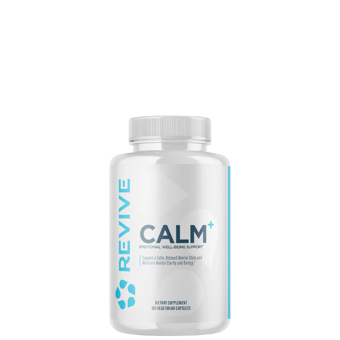 A bottle of Revive Supplements Calm+ dietary supplement, designed to promote relaxation and reduce stress.