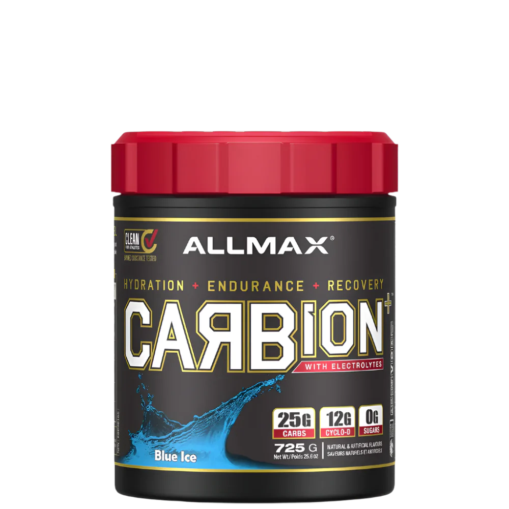A container of ALLMAX CARBION+ Electrolyte Hydration Drink with the flavor Blue Ice, highlighting its features of hydration, endurance, and recovery.