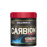 A container of ALLMAX CARBION+ Electrolyte Hydration Drink with the flavor Blue Ice, highlighting its features of hydration, endurance, and recovery.