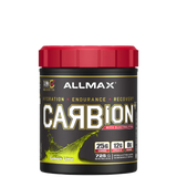 A container of ALLMAX CARBION+ Electrolyte Hydration Drink with the flavor Blue Ice, highlighting its features of hydration, endurance, and recovery.