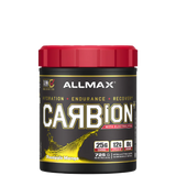 A container of ALLMAX CARBION+ Electrolyte Hydration Drink with the flavor Blue Ice, highlighting its features of hydration, endurance, and recovery.