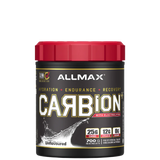 A container of ALLMAX CARBION+ Electrolyte Hydration Drink with the flavor Blue Ice, highlighting its features of hydration, endurance, and recovery.
