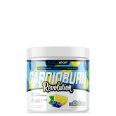 A container of CardioBurn Revolution supplement powder with a lemon and blueberry flavor, designed for fat metabolism during cardio workouts.