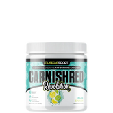 A container of MuscleSport CarniShred Revolution, a non stim fat burner supplement with a white, blue, and green label.