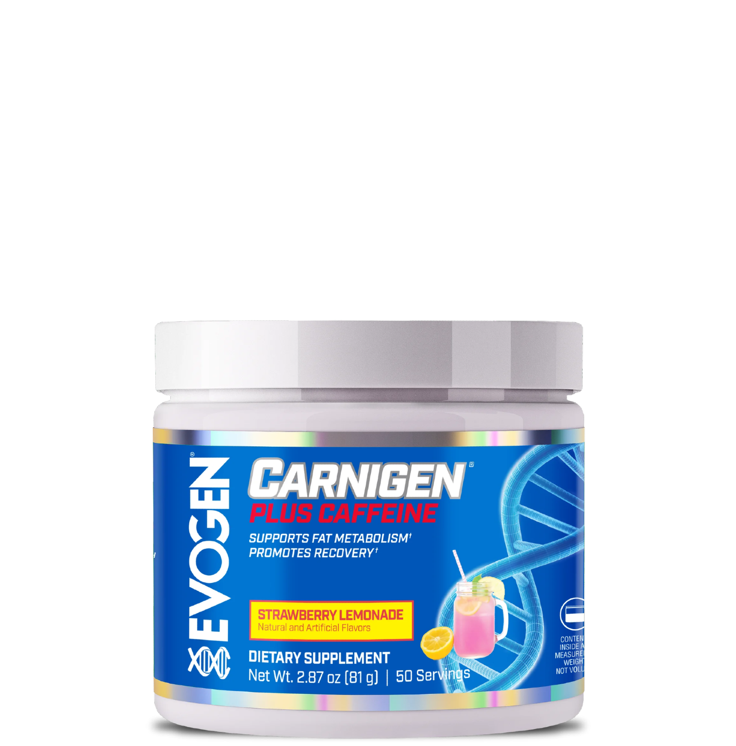 A container of Evogen Carnigen Plus Carnitine Powder with the label showing the product name, brand, and flavor (Strawberry Lemonade).