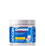 A container of Evogen Carnigen Plus Carnitine Powder with the label showing the product name, brand, and flavor (Strawberry Lemonade).