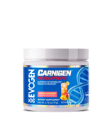 A container of Evogen Carnigen Plus Carnitine Powder with the label showing the product name, brand, and flavor (Strawberry Lemonade).