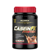 A container of AllMax Casein-FX Protein powder in Chocolate flavor, featuring the product name and an image of a chocolate drink with a spoon.