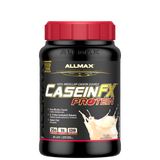 A container of AllMax Casein-FX Protein powder in Chocolate flavor, featuring the product name and an image of a chocolate drink with a spoon.
