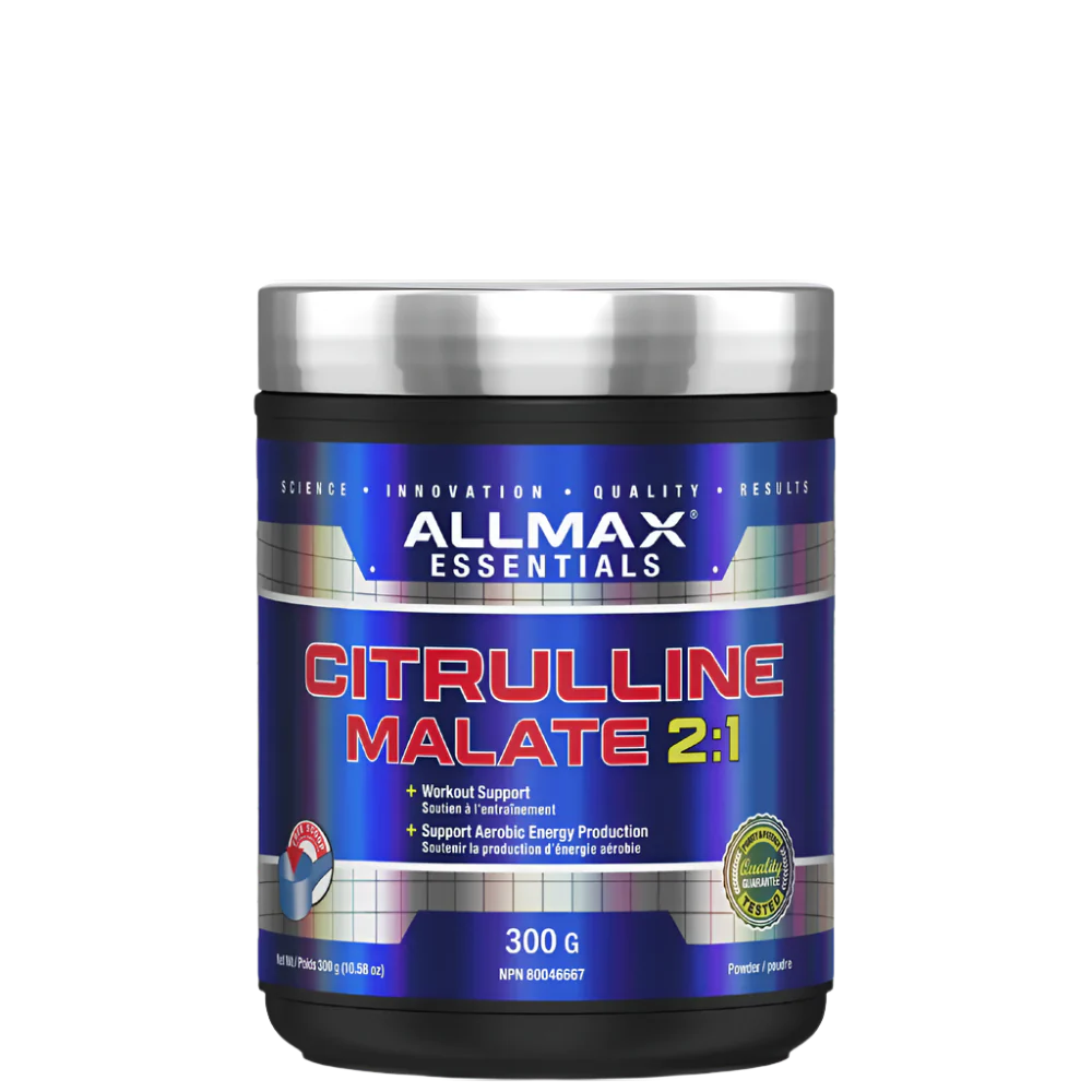 A container of ALLMAX Citrulline Malate 2:1, which is a supplement for energy and recovery, with a blue label featuring the product name and the weight of 300g.