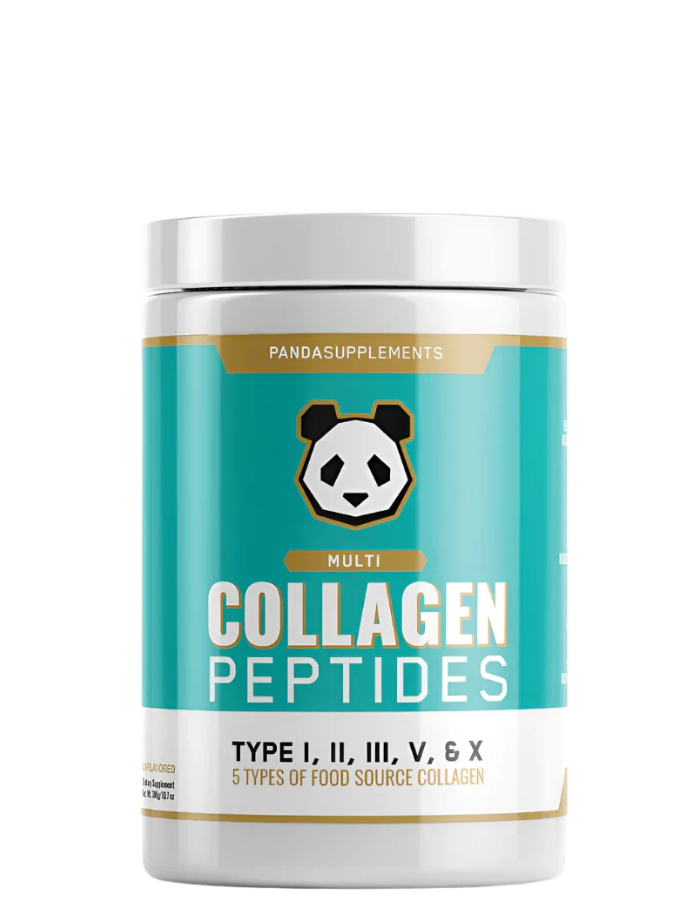 A container of Panda Multi Collagen Peptides powder with a label showing the brand logo and text indicating the product is type I, II, III, V, and X collagen.