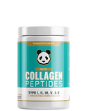 A container of Panda Multi Collagen Peptides powder with a label showing the brand logo and text indicating the product is type I, II, III, V, and X collagen.