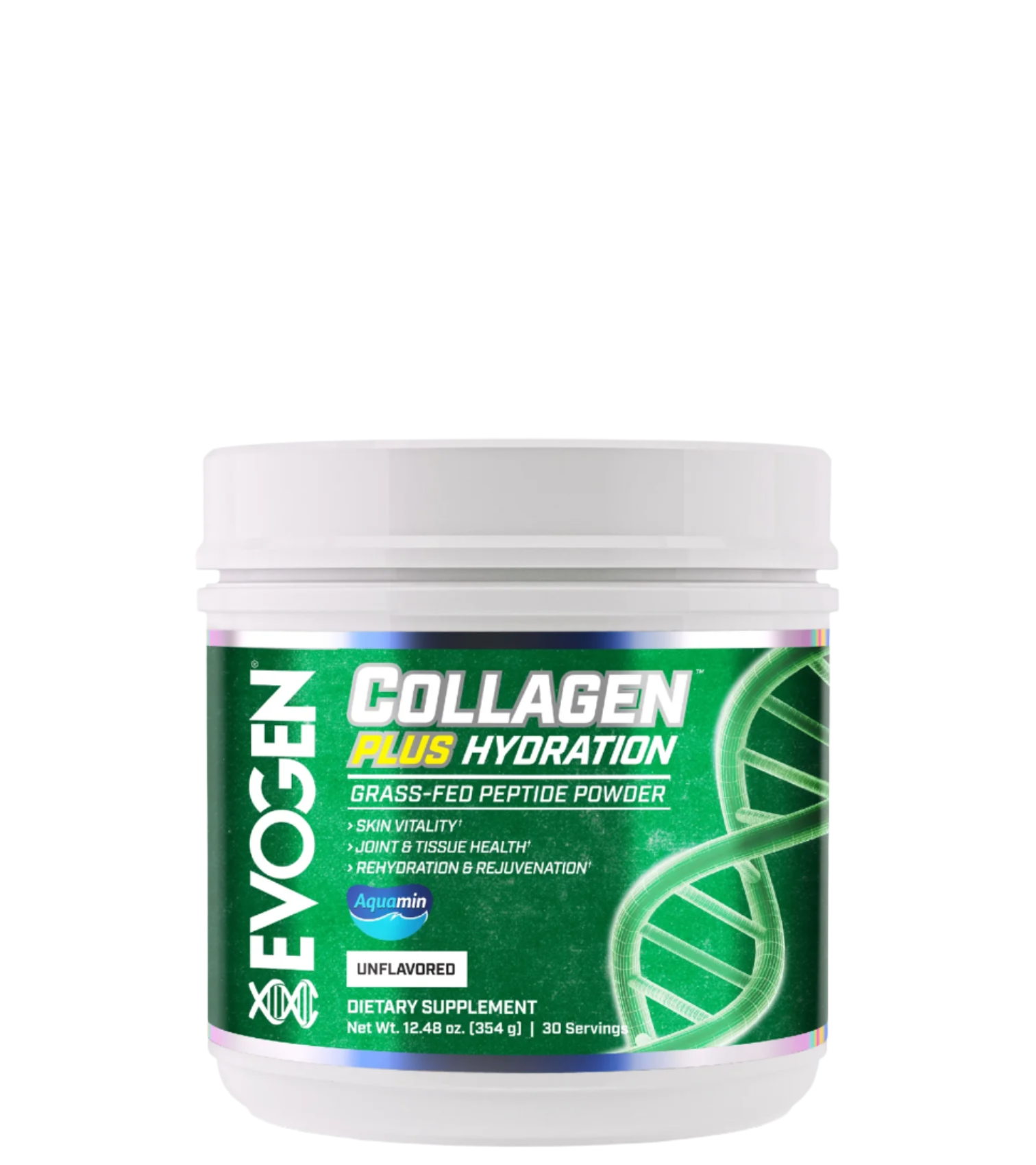 A container of Evogen Collagen Plus Hydration, a dietary supplement with a green and white label featuring a double helix DNA structure and text.