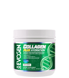 A container of Evogen Collagen Plus Hydration, a dietary supplement with a green and white label featuring a double helix DNA structure and text.
