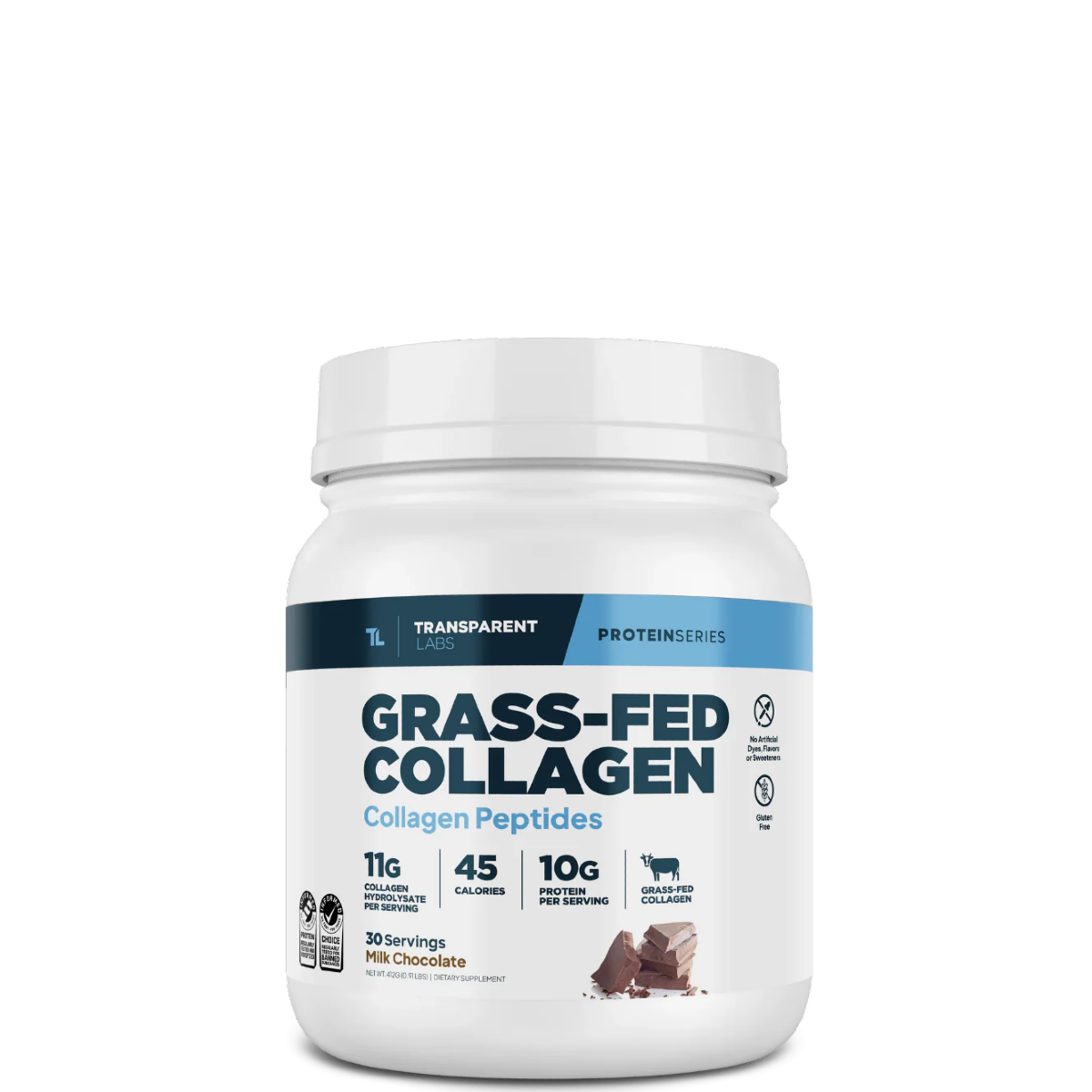 A container of Transparent Labs Grass-Fed Collagen Hydrolysate powder in chocolate flavor.