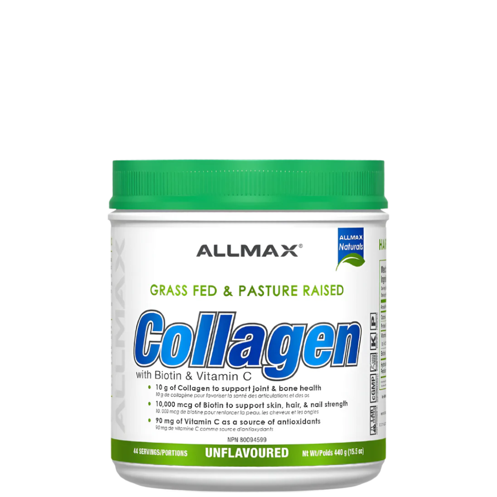 A container of ALLMAX Collagen Peptides Powder with text highlighting it is Grass Fed & Pasture Raised, with added Biotin and Vitamin C.