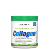 A container of ALLMAX Collagen Peptides Powder with text highlighting it is Grass Fed & Pasture Raised, with added Biotin and Vitamin C.
