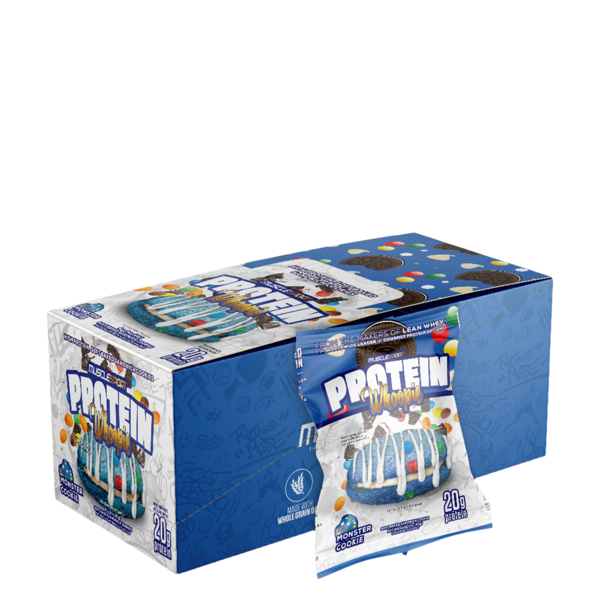 A box of PROTEIN WHOOPIES 6 PACK with individual packaging showing a whoopie pie with sprinkles.