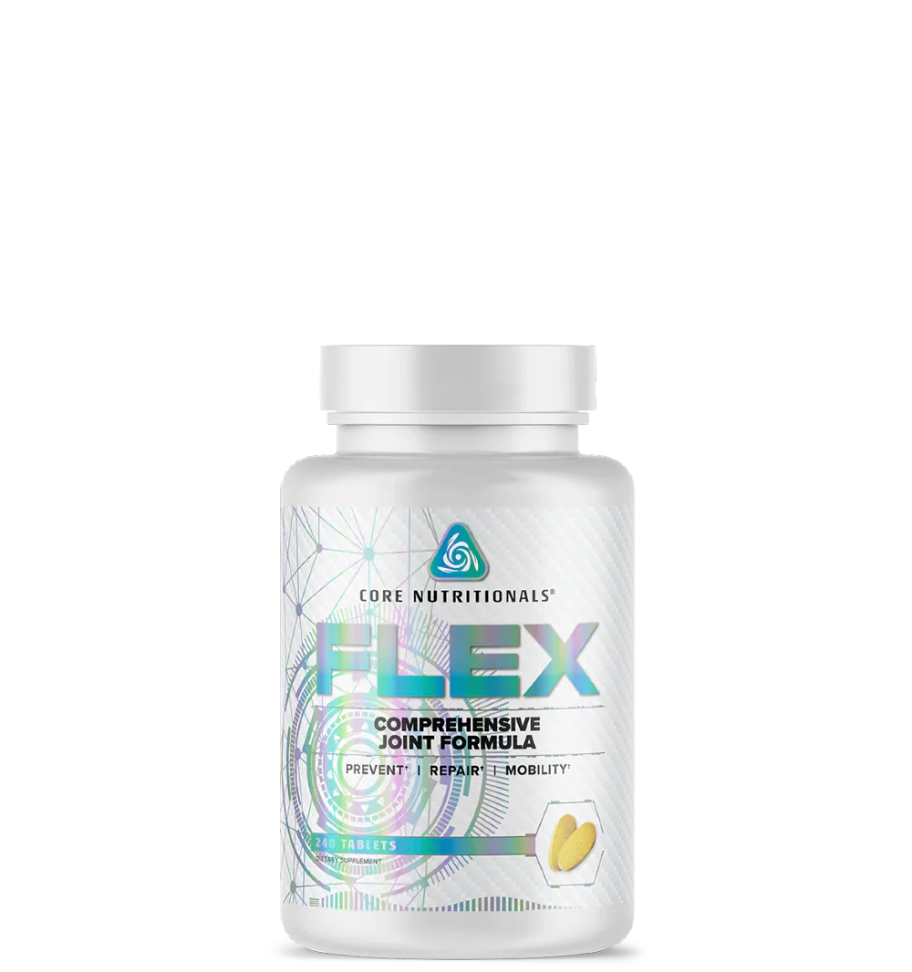 A bottle of Core Nutritionals FLEX comprehensive joint formula supplement with 11 clinical ingredients, white background.
