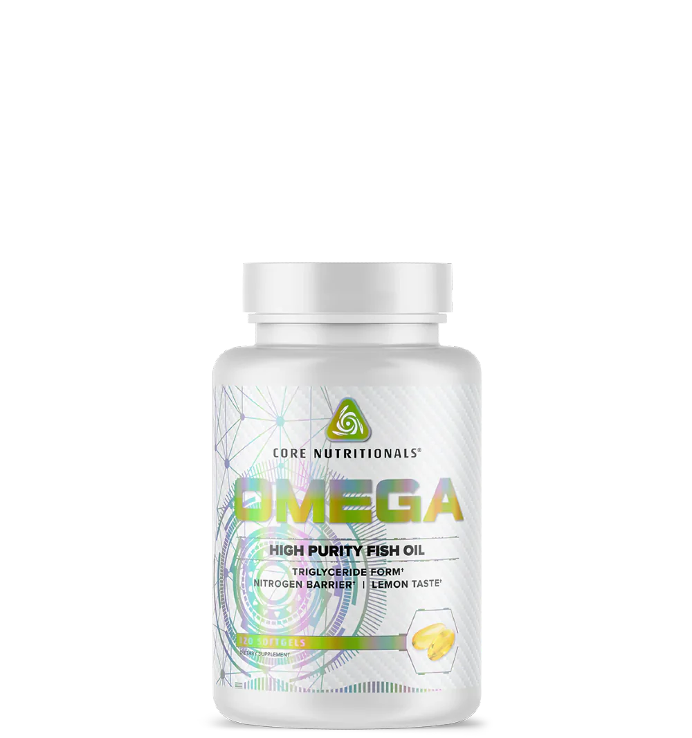 A bottle of CORE NUTRITIONALS OMEGA high purity fish oil supplement with lemon flavor.