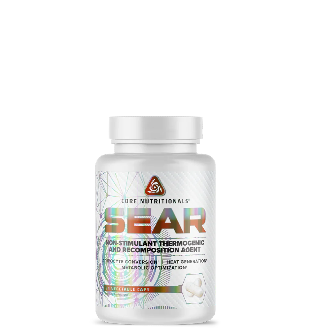 A bottle of Core Nutritionals' SEAR supplement, which is described as a non-stimulant thermogenic and recomp agent.