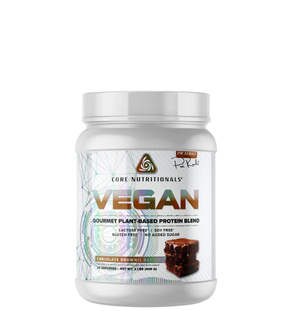 A container of Core Nutritionals' VEGAN plant-based protein powder with a chocolate brownie flavor illustration on the label.