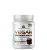 A container of Core Nutritionals' VEGAN plant-based protein powder with a chocolate brownie flavor illustration on the label.