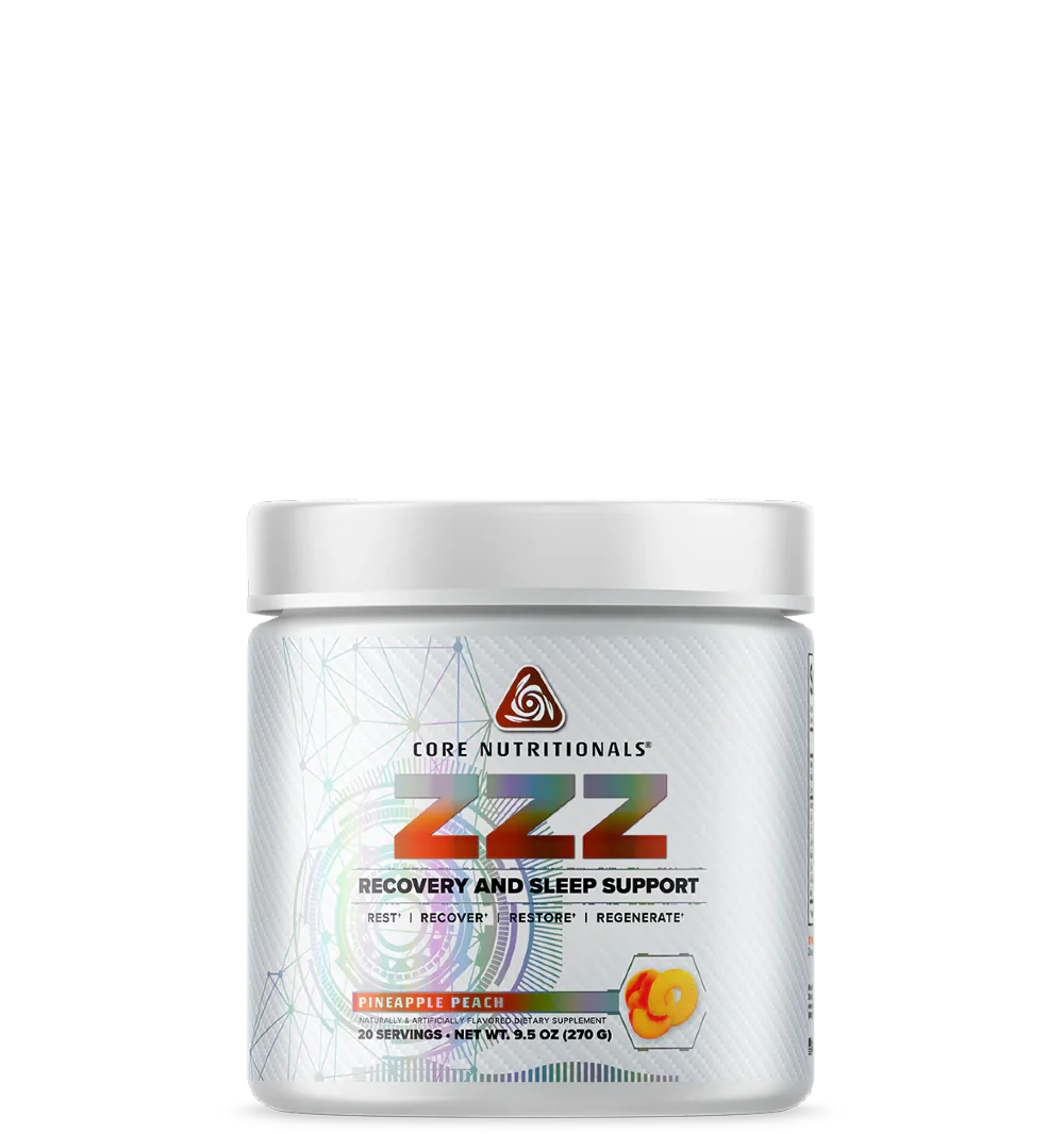 A container of Core Nutritionals' ZZZ Recovery and Sleep Support supplement, with a colorful design featuring fruits such as kiwi.