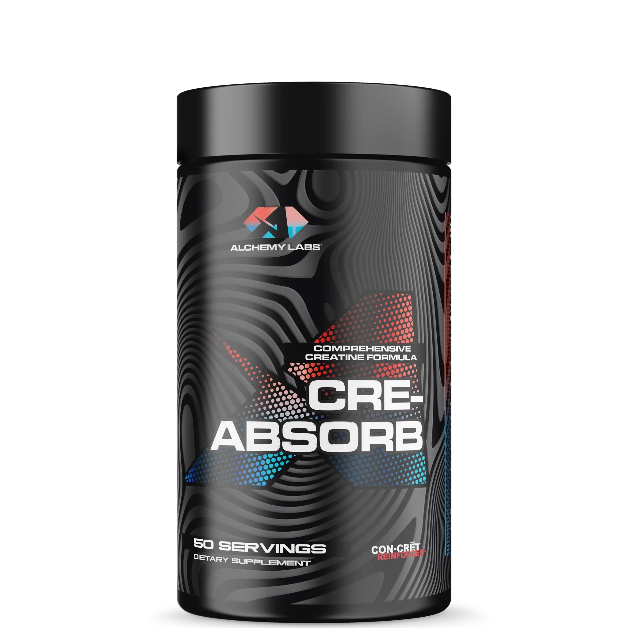 A container of CRE-ABSORB supplement by Alchemy Labs, featuring a geometric pattern design in black, red, and gray.