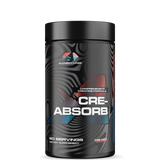 A container of CRE-ABSORB supplement by Alchemy Labs, featuring a geometric pattern design in black, red, and gray.