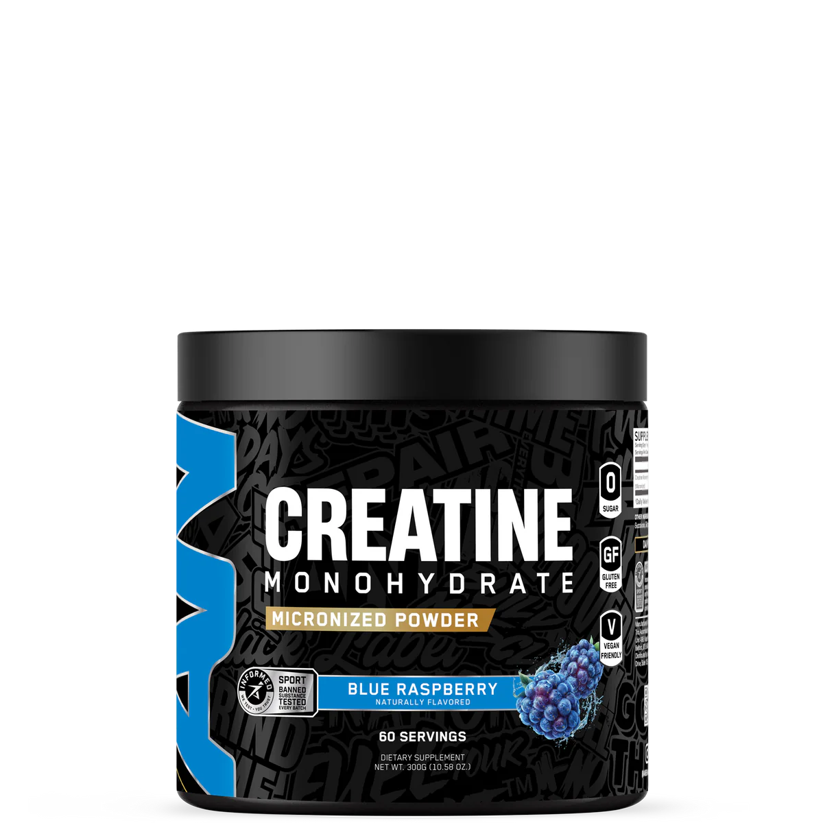 Creatine Monohydrate container with blue raspberry flavor, 60 servings, micronized powder